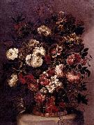 CORTE, Gabriel de la. Still-Life of Flowers in a Woven Basket USA oil painting artist